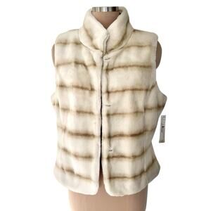 Antonio Melani Faux Fur Vest Womens Large Cream Tan Stripe Front Hook Closure